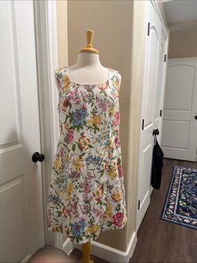 Floral Sleeveless A-Line Dress in White with Multicolor Print